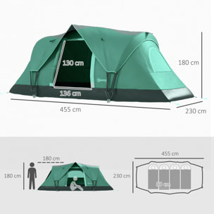 Tienda de Campaña Familiar para 5-6 Personas Tienda de Acampada de Túnel Impermeable 3000mm+ Tienda de Camping con Bolsa de Transporte y Gancho para Pescar Senderismo 455x230x180 cm Verde