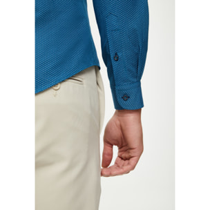 Camicia Uomo 1 Bottone Button Down Slim Cotone Poliestere Stampato Petrolio e Blu Scuro