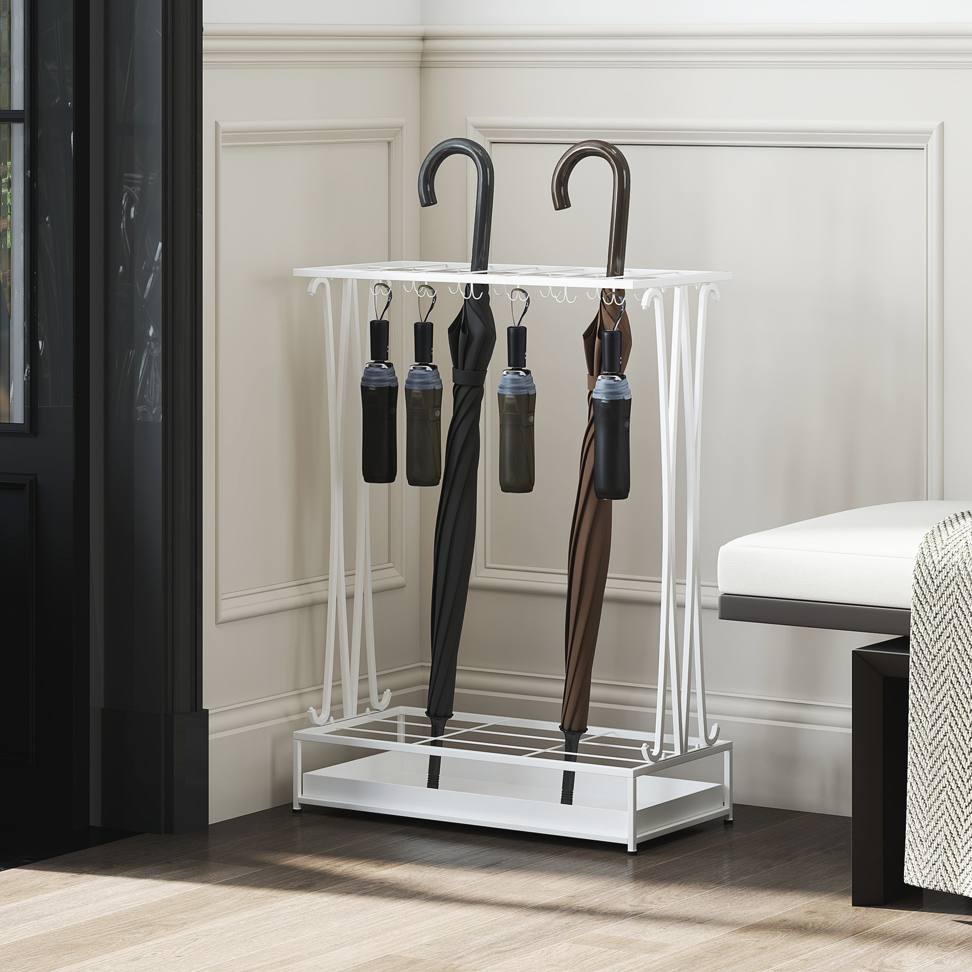 Paragüero Moderno Rectangular Soporte de Paraguas de Acero con 24 Ganchos 21 Espacios y Bandeja Recogegotas Extraíble Paragüero para Entrada Oficina 50x24x68 cm Blanco