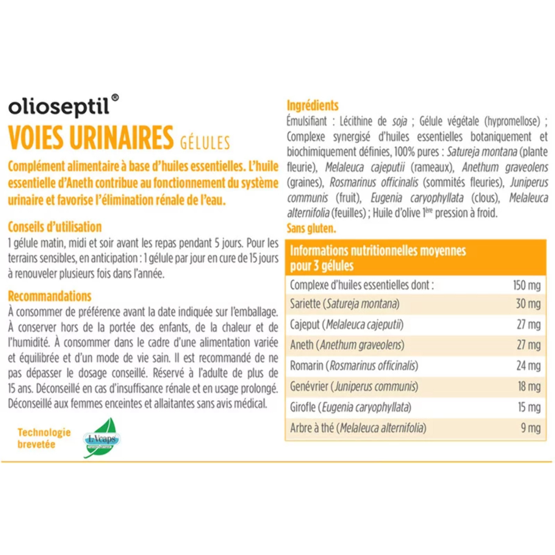 OLIOSEPTIL - Gélules Voies Urinaires - Assainit le système Urinaire & Favorise l'élimination rénale de l'eau - Complexe de 7 Huiles Essentielles Pures et Chémotypées - Gélules Végétales - Lot de 2