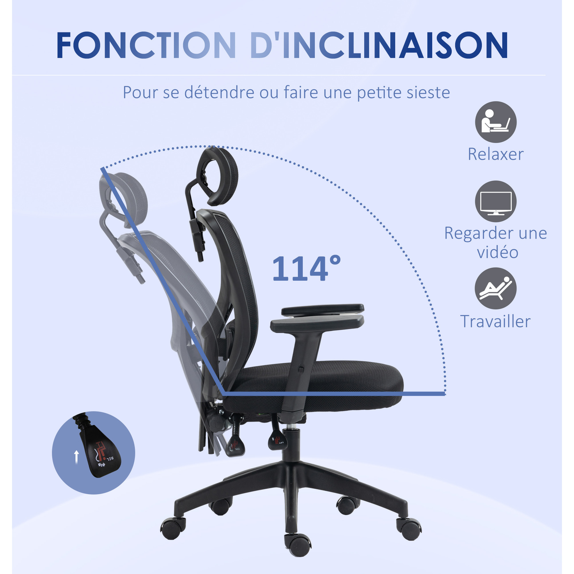 Fauteuil de bureau manager grand confort réglable dossier ergonomique inclinable pivotant tissu maille noir