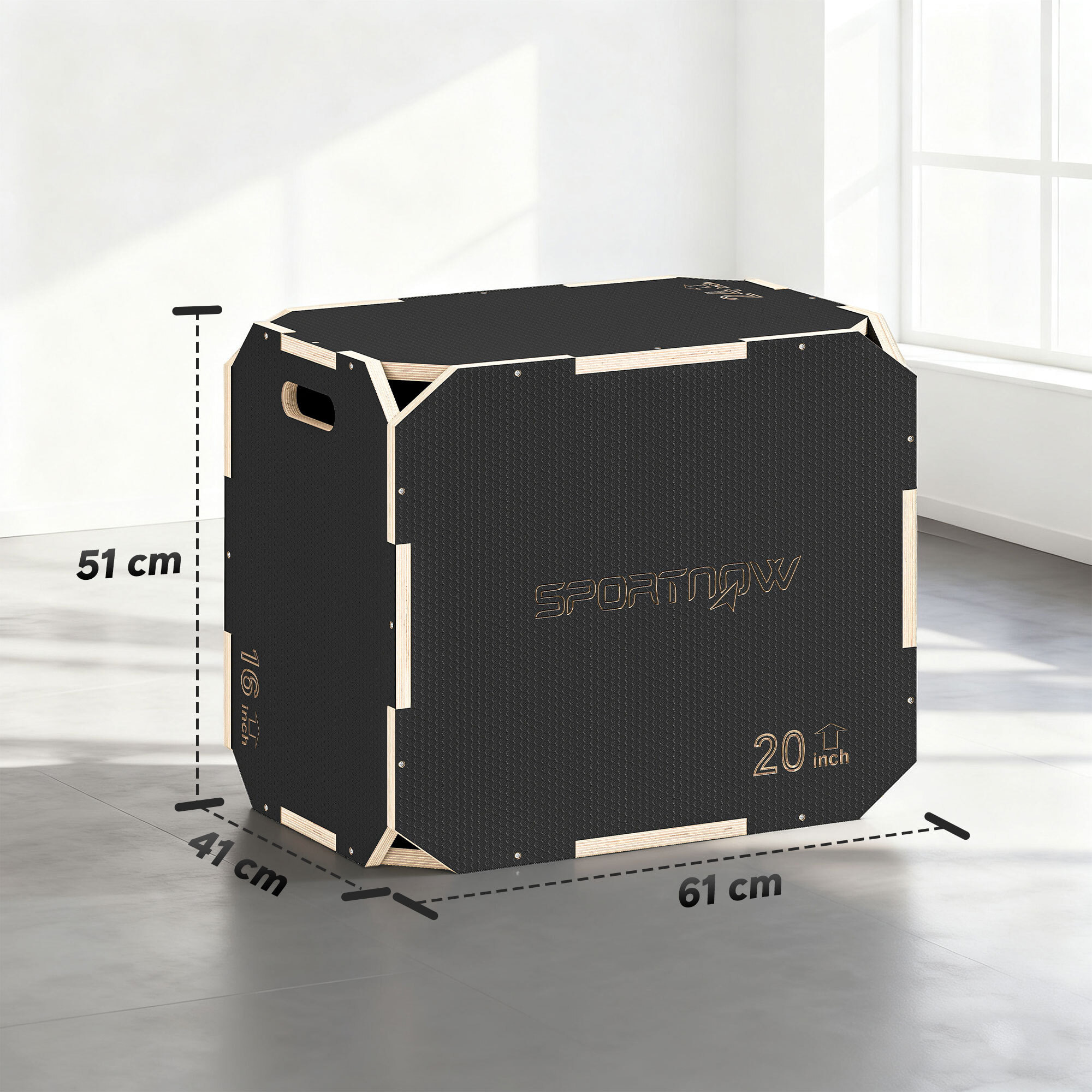 Cajón Pliométrico de Madera 3 en 1, Plataforma de Caja Pliométrica con 3 Alturas Ajustables 61/51/41 cm, Asas, sin Esquinas, Entrenamiento de Salto, Fuerza, para Casa, Gimnasio y Exterior