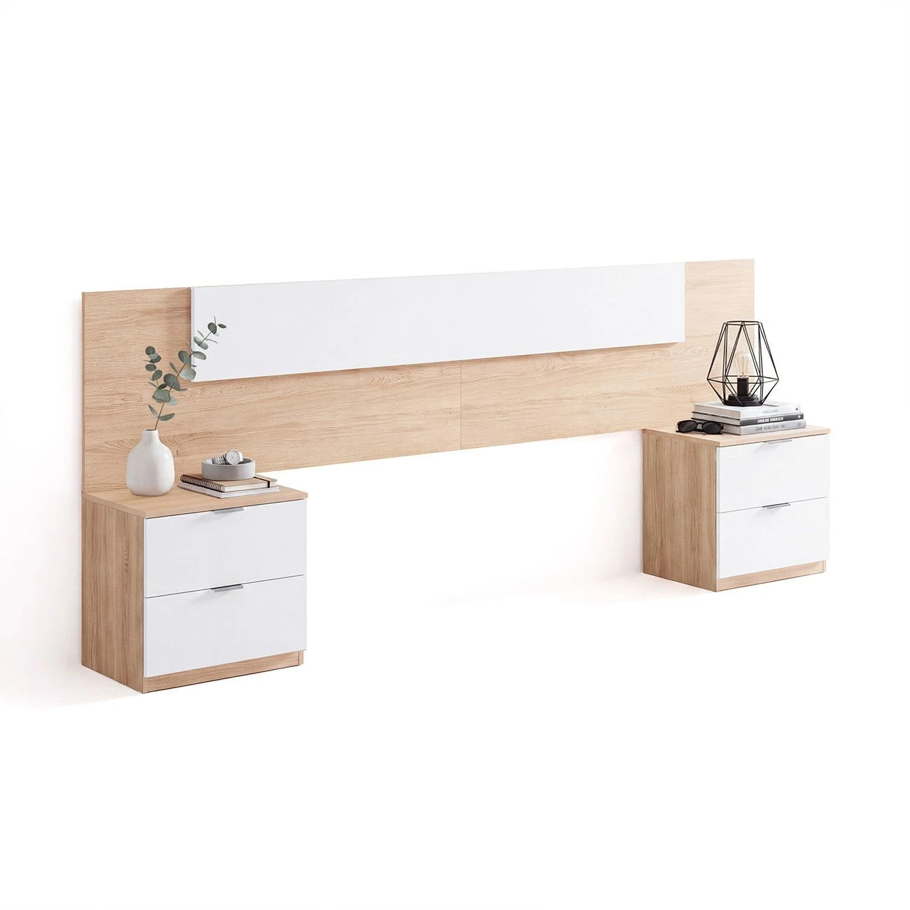 Cabecero para cama de 135-150 cm y 2 mesitas con cajones en roble canadian y blanco artik Akari Roble Canadian - Blanco Artik (Blanco Mate)