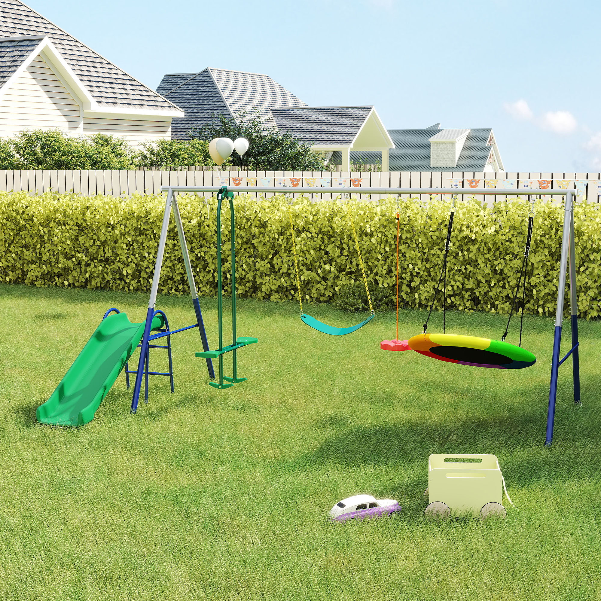 Balançoire aire de jeux 4+1 agrès acier gris bleu