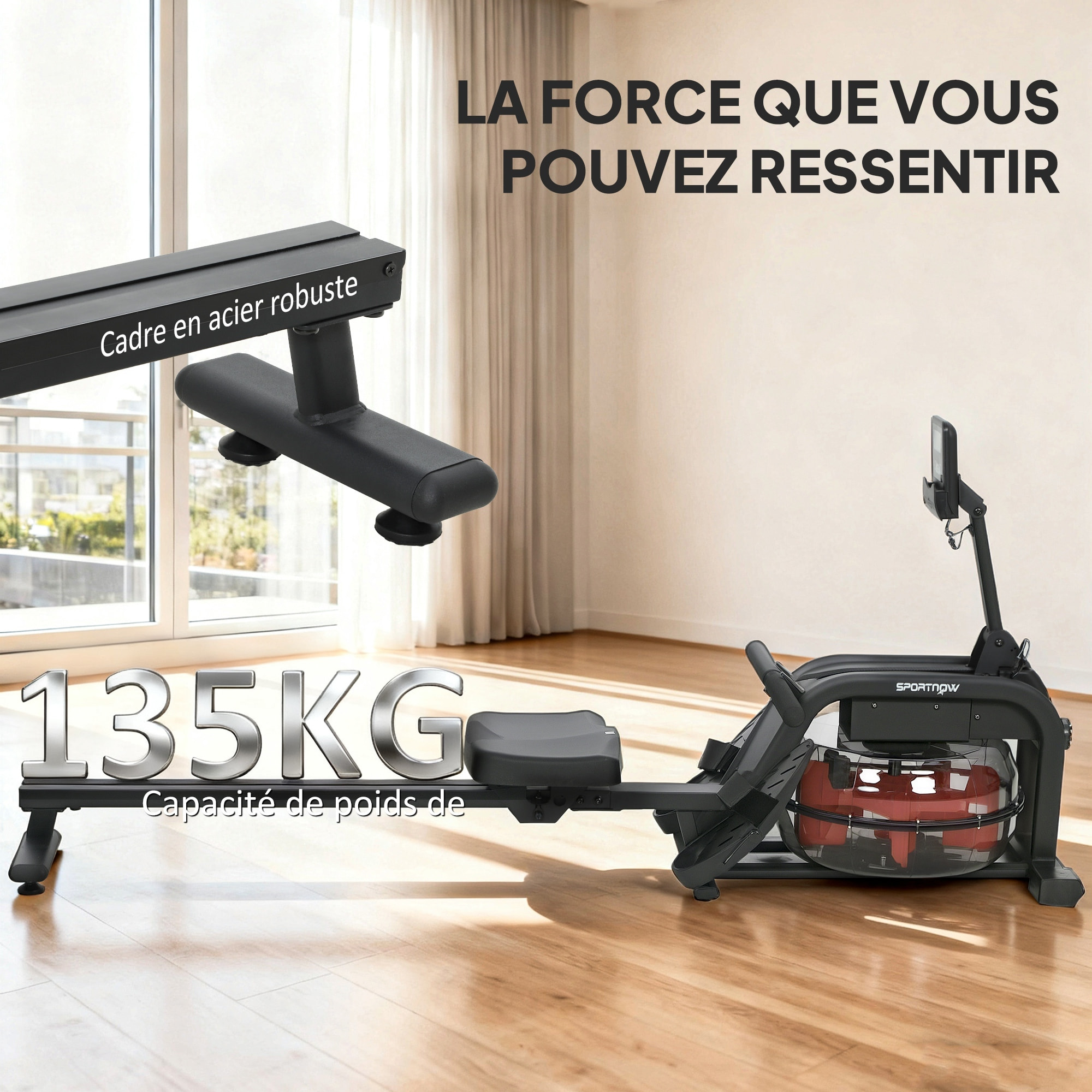 Rameur à eau résistance ajustable réservoir 6-11L écran LCD multifonction rangement vertical acier noir