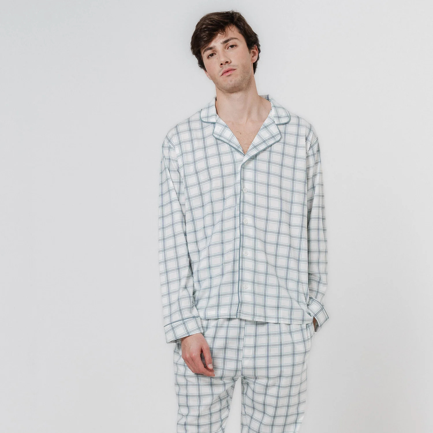 Pigiama lungo stile camicia in cotone a quadri verdi jake