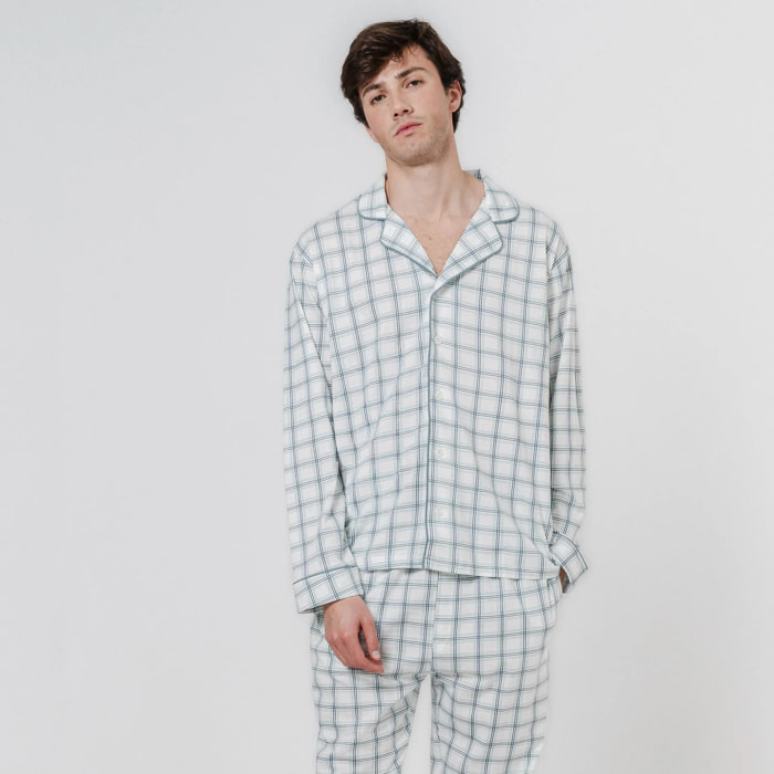Pigiama lungo stile camicia in cotone a quadri verdi jake