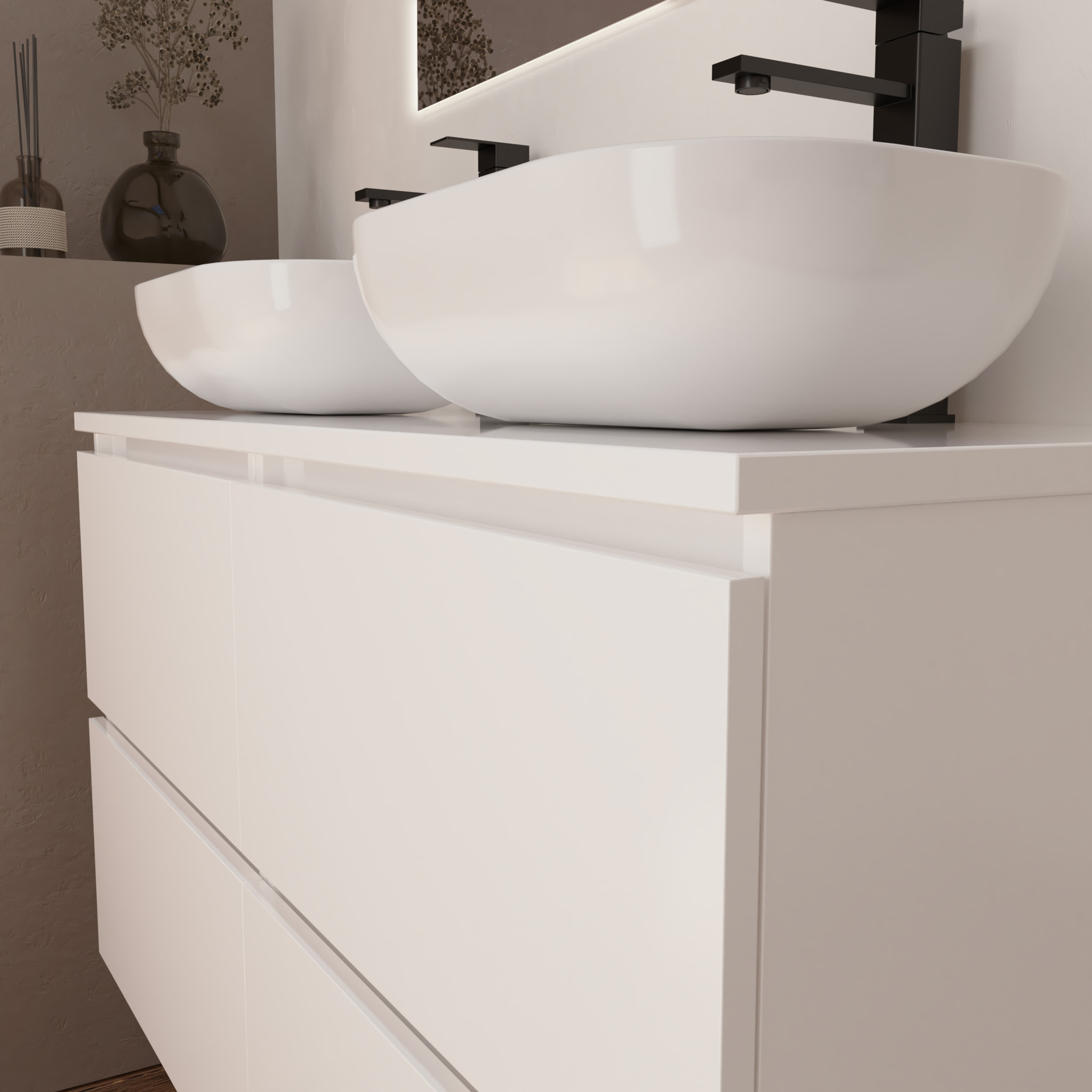 Conjunto de Baño Kaji | Mueble de Baño Suspendido | 140 cm Blanco | Cuatro Cajones | Lavabo sobre Encimera | No incluye Espejo | Alday