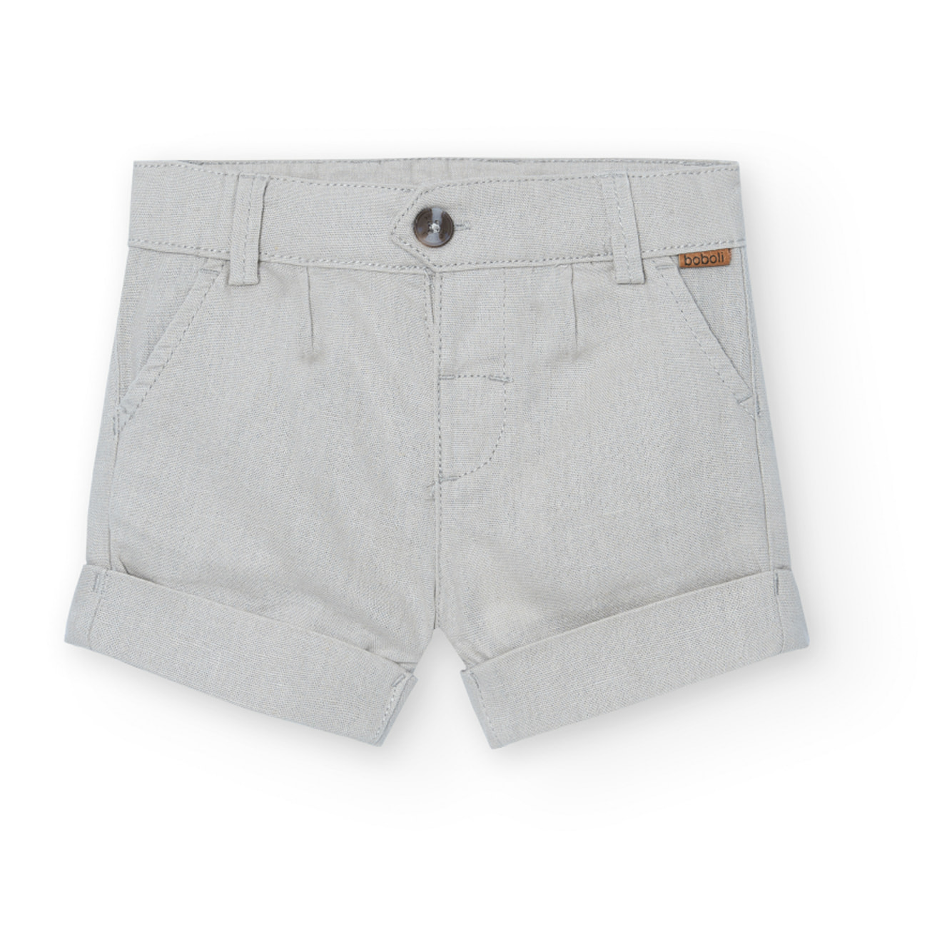Bermudas niño, lino liso, cierre botón, color beige piedra