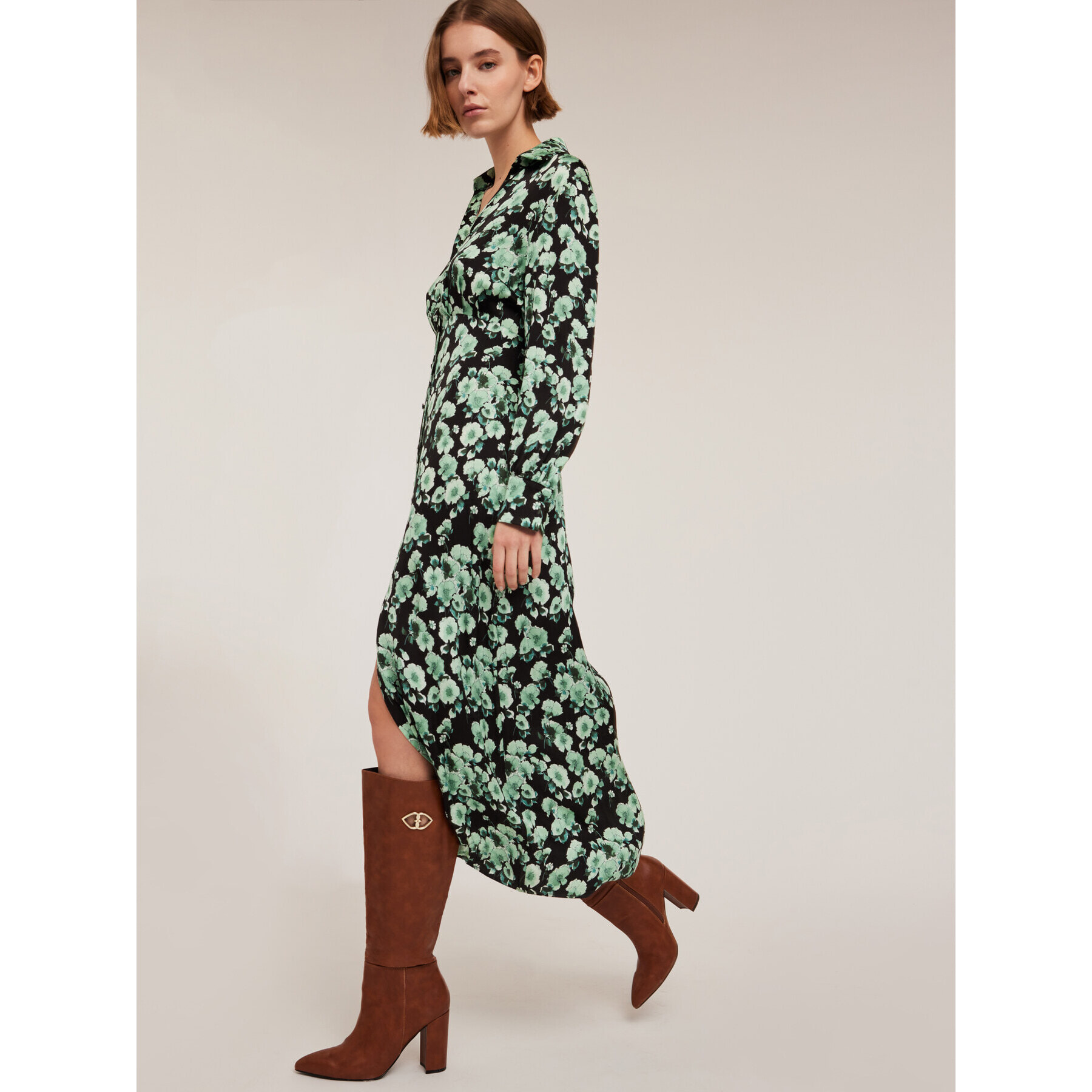 Motivi - Vestido camisero de raso con estampado floral - Verde