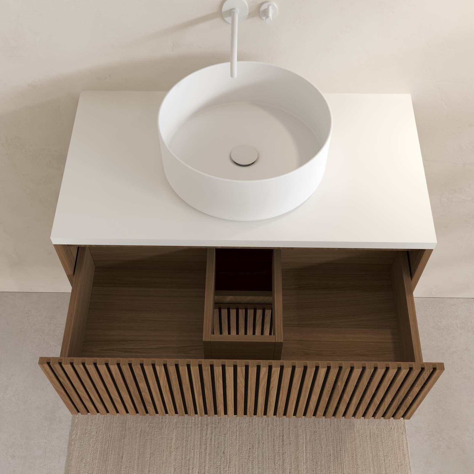 Meuble Salle de Bains 80 2 Tiroirs Décor Chêne et Noir - Vasque et Plan Blancs - Miroir Ovale