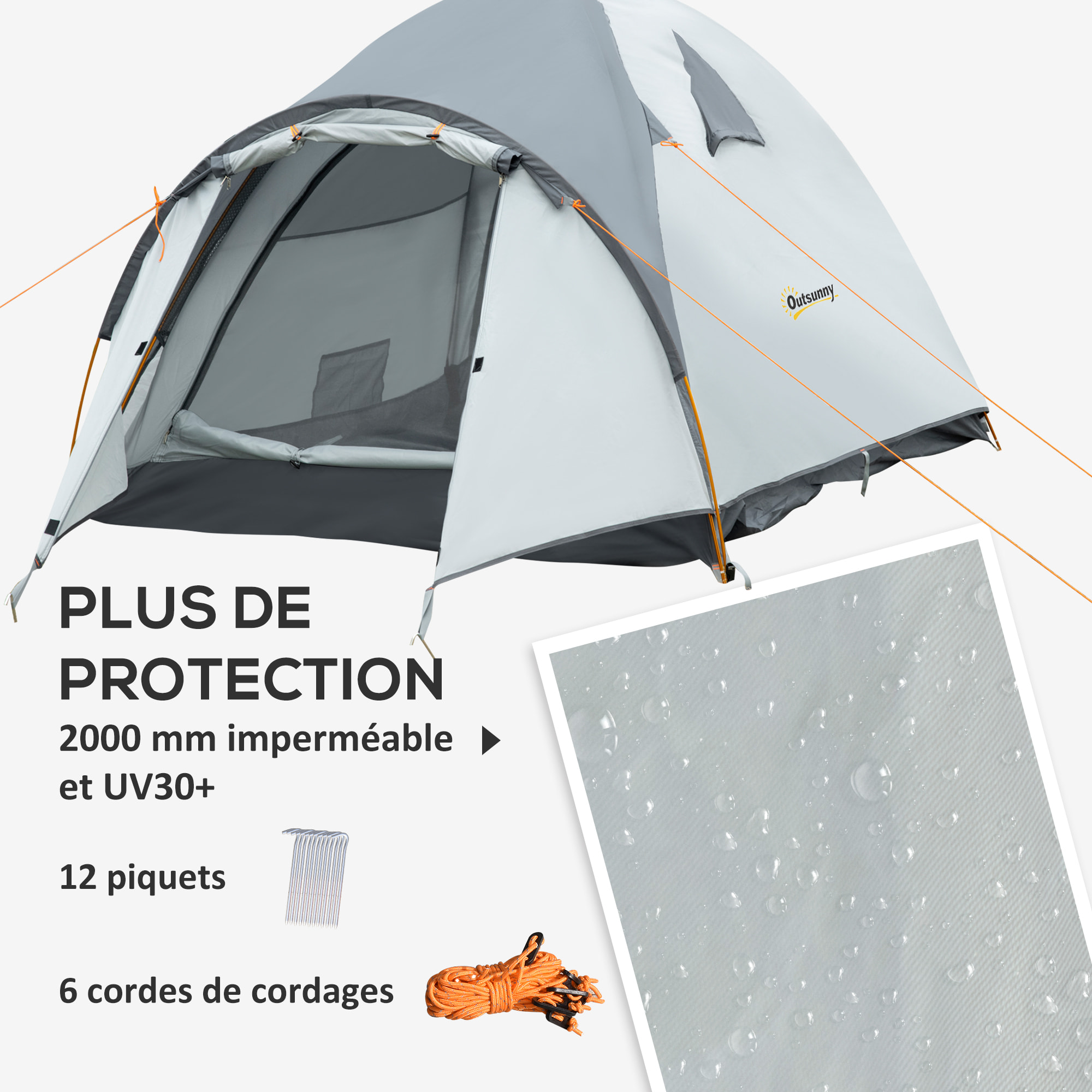 Tente de camping 3-4 personnes dim. 350L x 150l x 128xH cm - 3 portes, tapis sol, sac transport - alu. polyester gris