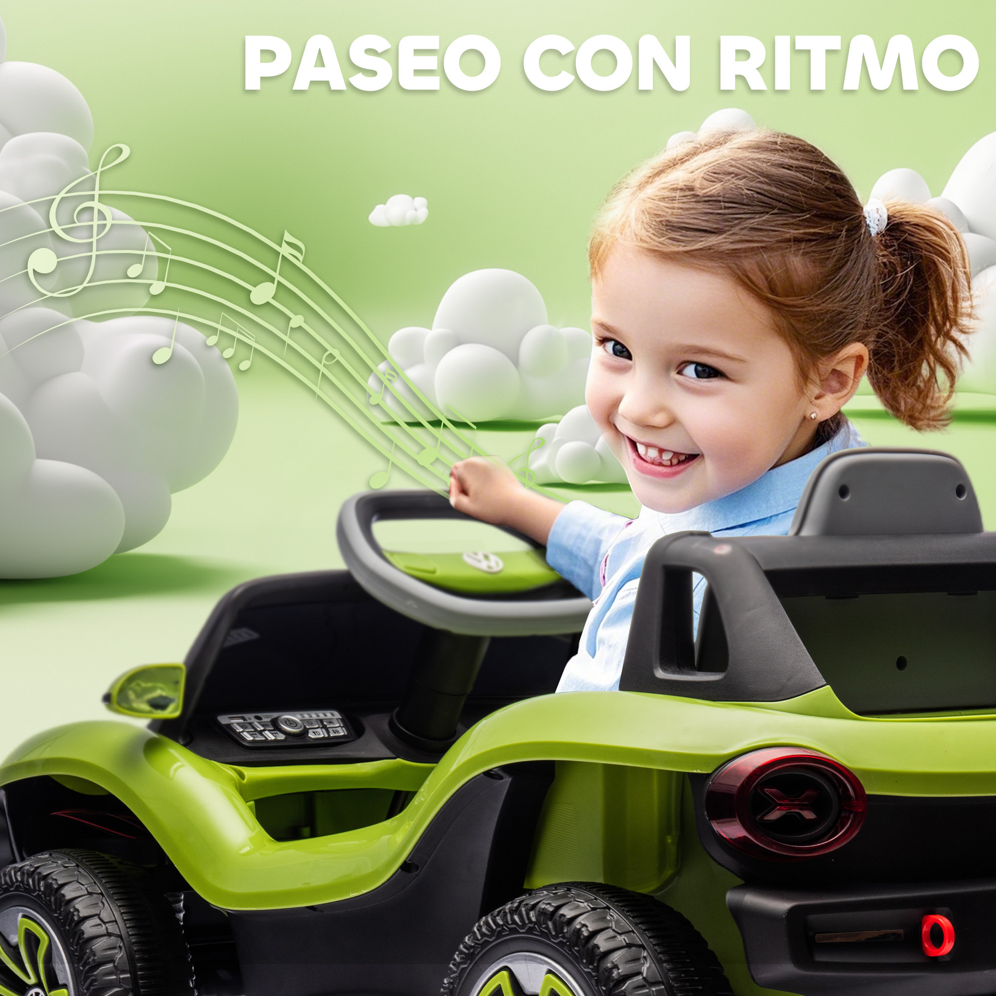 Coche Eléctrico para Niños de +3 Años, Volkswagen E-Buggy, Coche de Batería 12V, con Mando a Distancia 2,4 G, Ruedas con Suspensión, Faros LED, Música, USB, Motor Doble, Verde