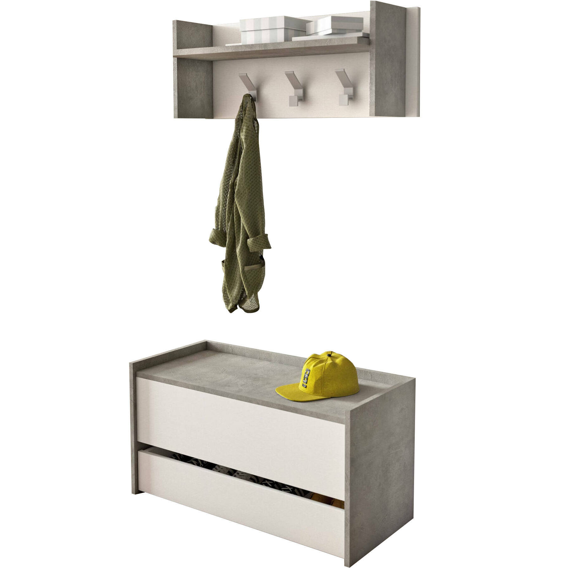 Mobile da ingresso Actinolite, Entratina moderna con appendiabiti, Mobile con scarpiera, Armadietto multifunzione, Cm 50x32h182, Cemento e Bianco