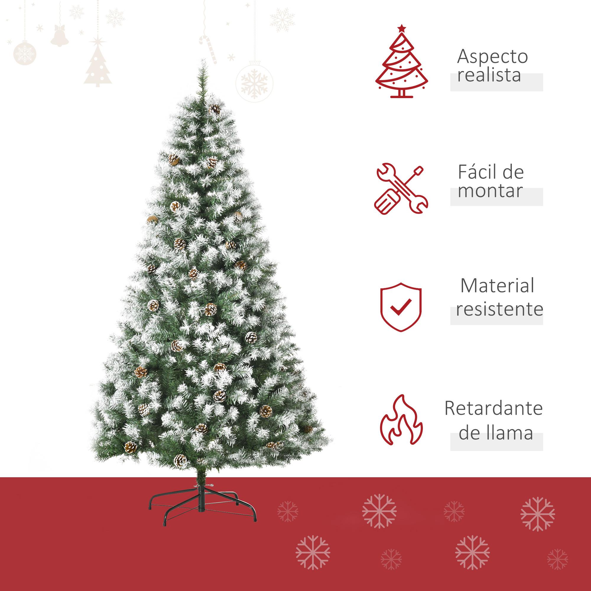 HOMCOM Árbol de Navidad Artificial 180 cm con Nieve Ignífugo con 800 Ramas 61 Piñas Hojas de PVC Apertura Automática Base Plegable y Soporte Metálico Decoración Navideña para Interiores Verde