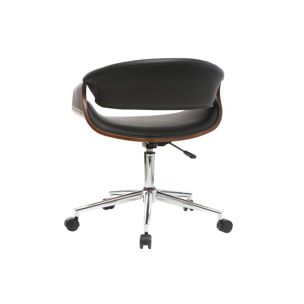 Chaise de bureau à roulettes design noir bois foncé noyer et acier chromé ARAMIS