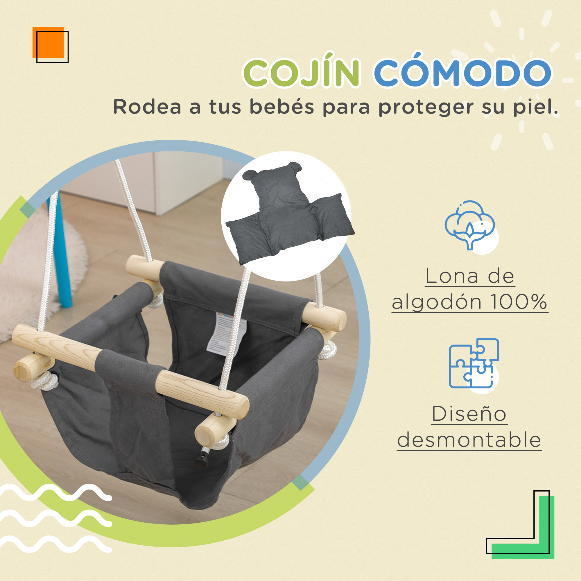 Columpio para Bebés de 9-36 Meses con Cuerdas Ajustables Columpio Infantil con Cinturón de Seguridad y Asiento Acolchado Carga 70 kg para Interiores y Exteriores 40x40x110-180 cm Gris Oscuro