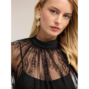 Motivi - Blusa de encaje con cuello drapeado - Negro