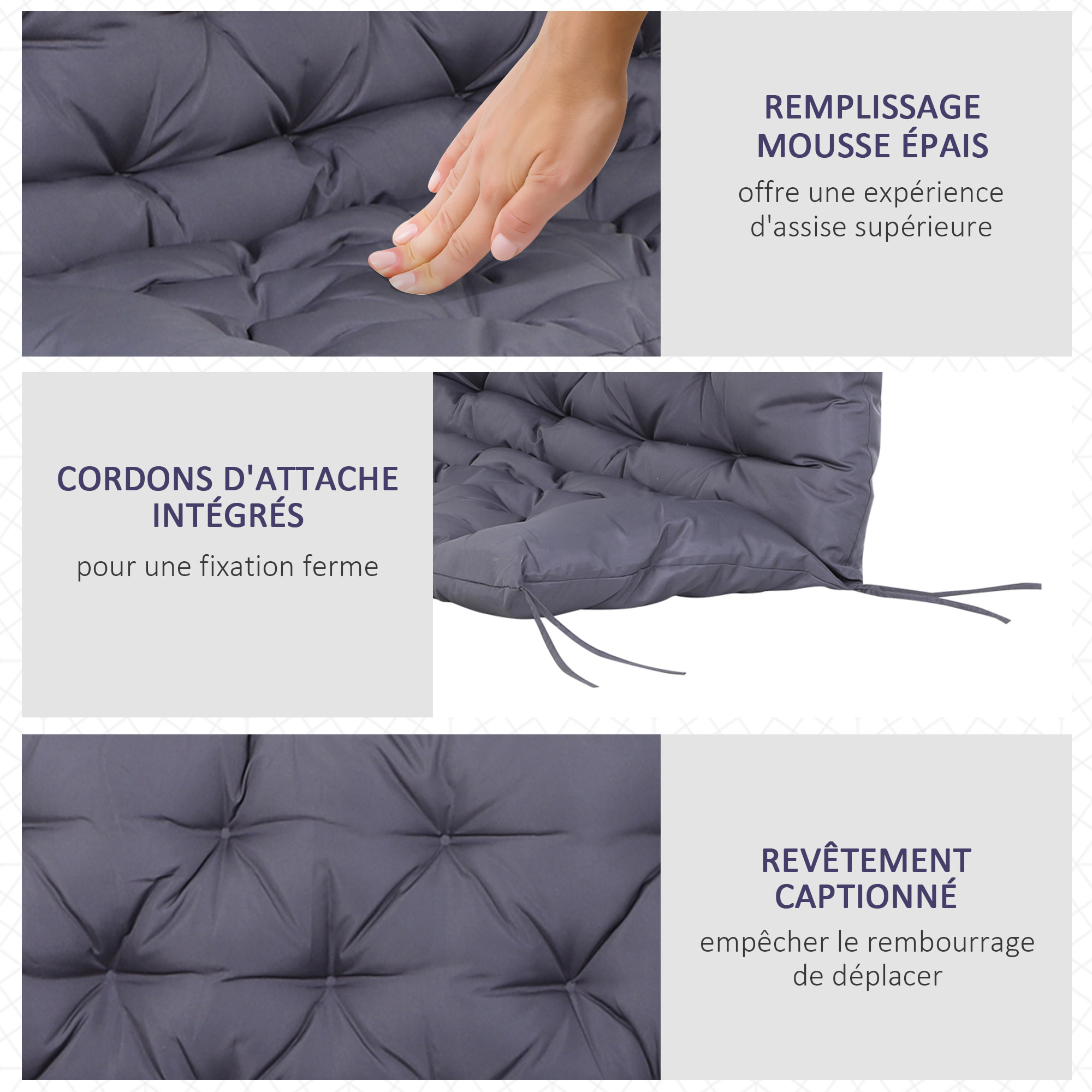 Coussin matelas assise dossier pour banc de jardin balancelle canapé 2 places grand confort 132 x 110 x 10 cm gris