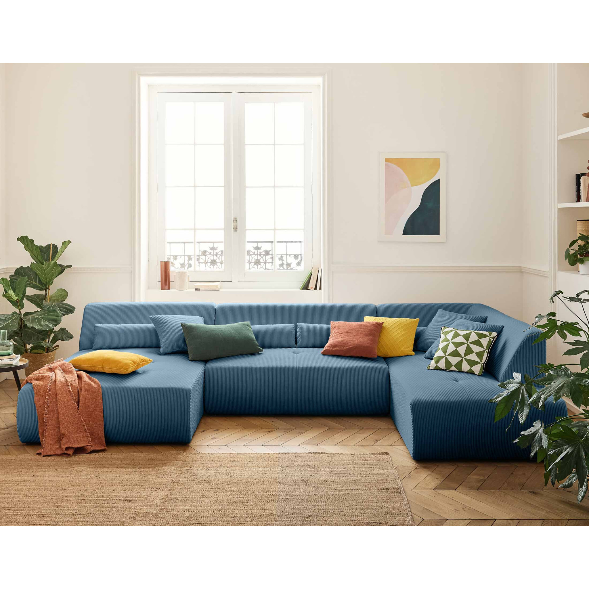 Onyx - canapé panoramique modulable d'angle droit 7 places - en velours côtelé - Bleu