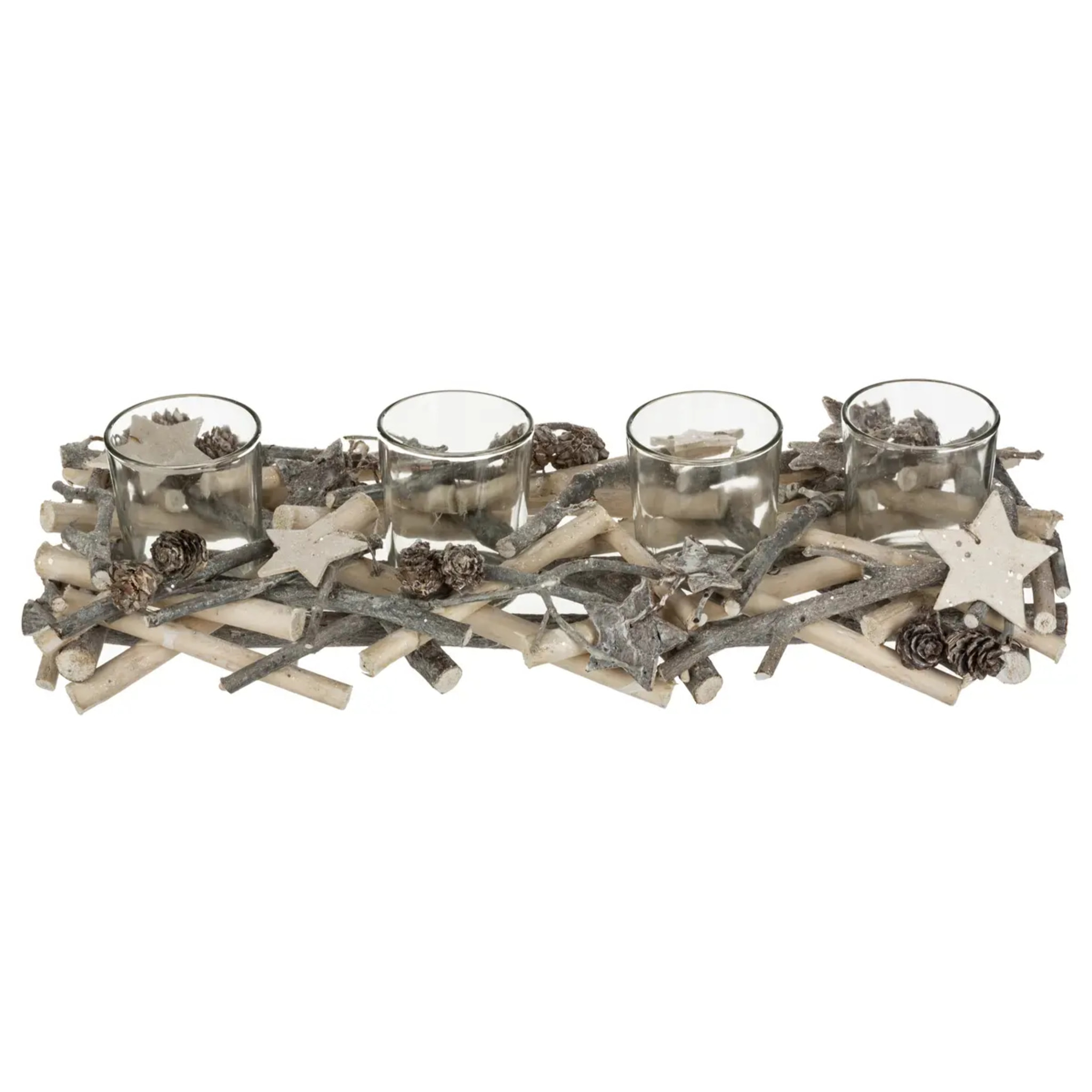 Photophore centre de table buche avec 4 photophores bois blanc