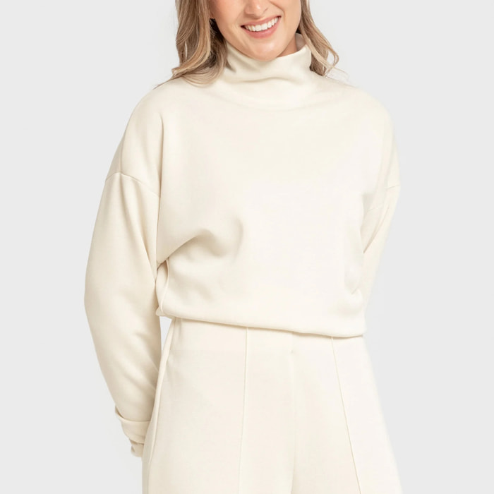 Felpa a collo alto in stile modal da donna bianco naturale