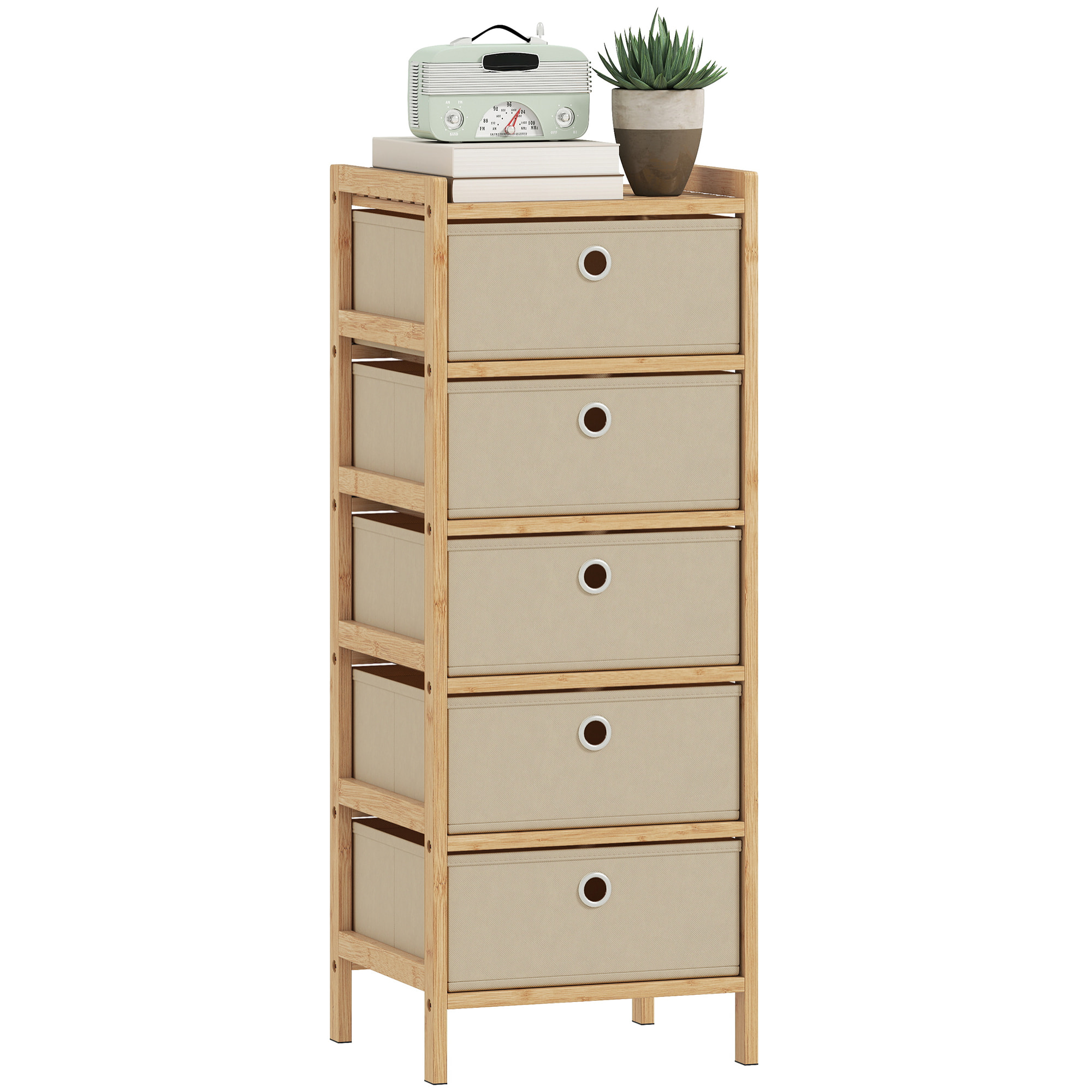 Cómoda con 5 Cajones de Tela, Cómoda para Dormitorio de Bambú, Cajonera para Espacios Pequeños, Salón, Oficina, Vestidor, Crema y Natural