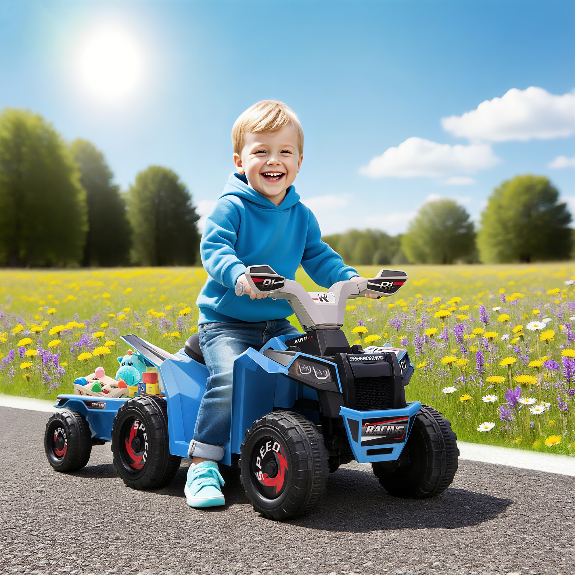 Quad Eléctrico para Niños con Remolque a Batería 6V, Quad para Niños de 18-36 Meses con Velocidad 2,5 km/h, 6 Ruedas y Manillar Antideslizante, 106x41,5x48,5 cm, Azul