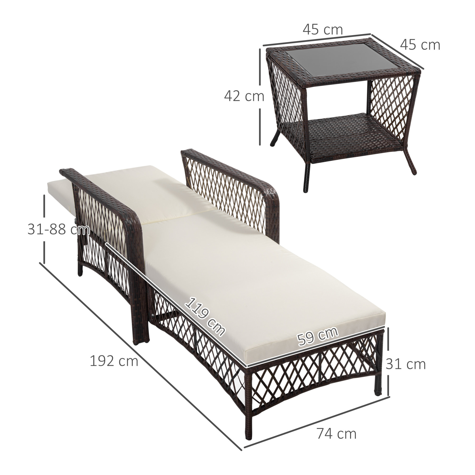 Bain de soleil transat design colonial avec table basse et matelas - dossier inclinable - résine tressée, polyester - marron crème