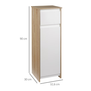 Armario Bajo para Baño Mueble Auxiliar de Madera con Cajón y Armario con 2 Estantes para Salón Dormitorio Cocina 32,6x30x90 cm Color Natural y Blanco