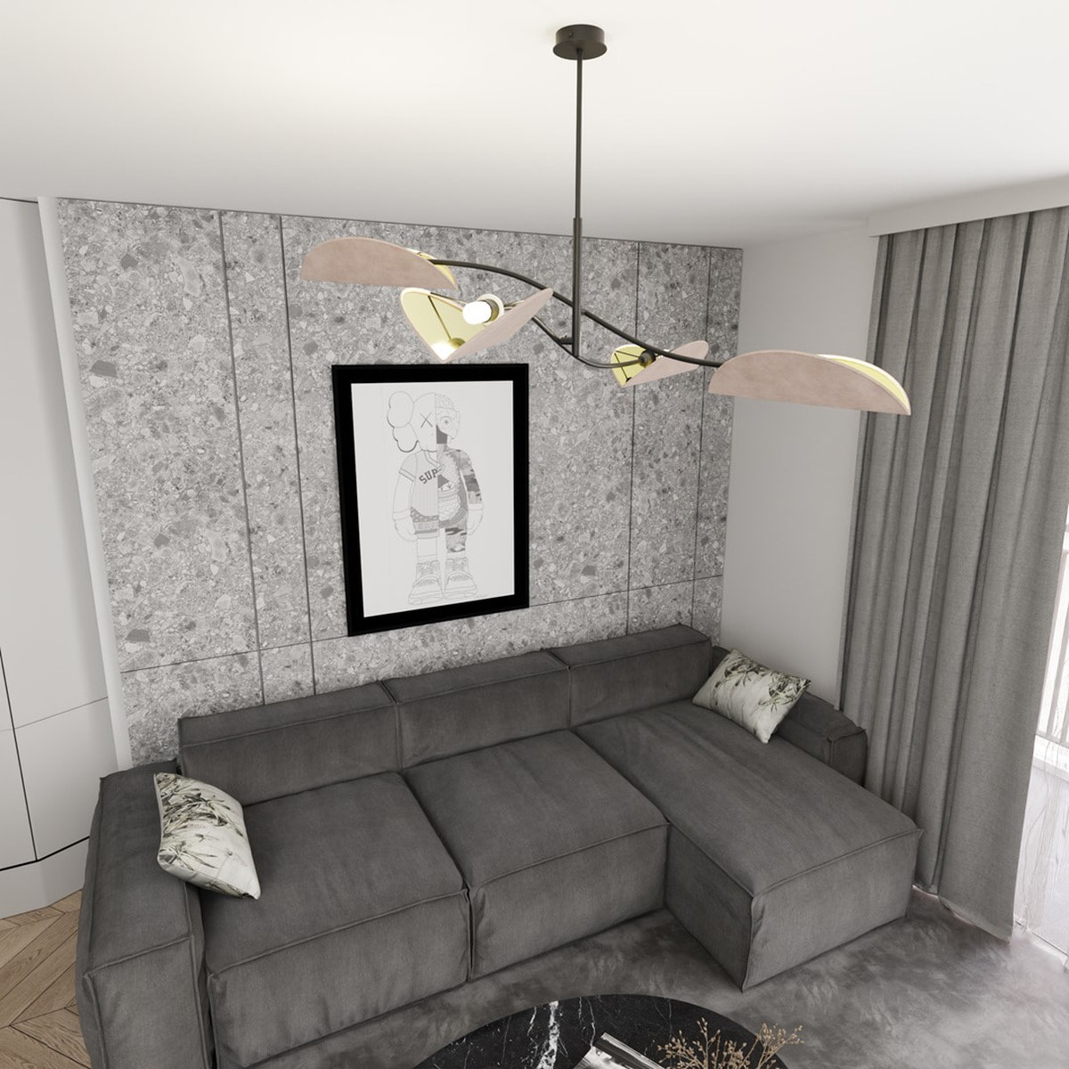 Lampada a sospensione Lotus in acciaio nero e velluto grigio