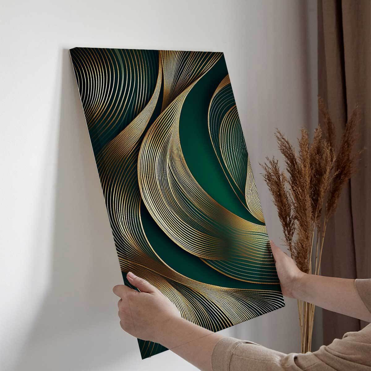 Tableau lignes dorées émeraude Toile imprimée