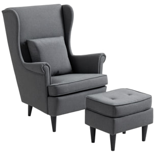Sillón con Reposapiés Sillón Lectura con Respaldo Alto Capitoné Patas de Madera Almohada Acolchada y Tapizado en Lino Butaca para Salón Dormitorio Oficina Gris Oscuro