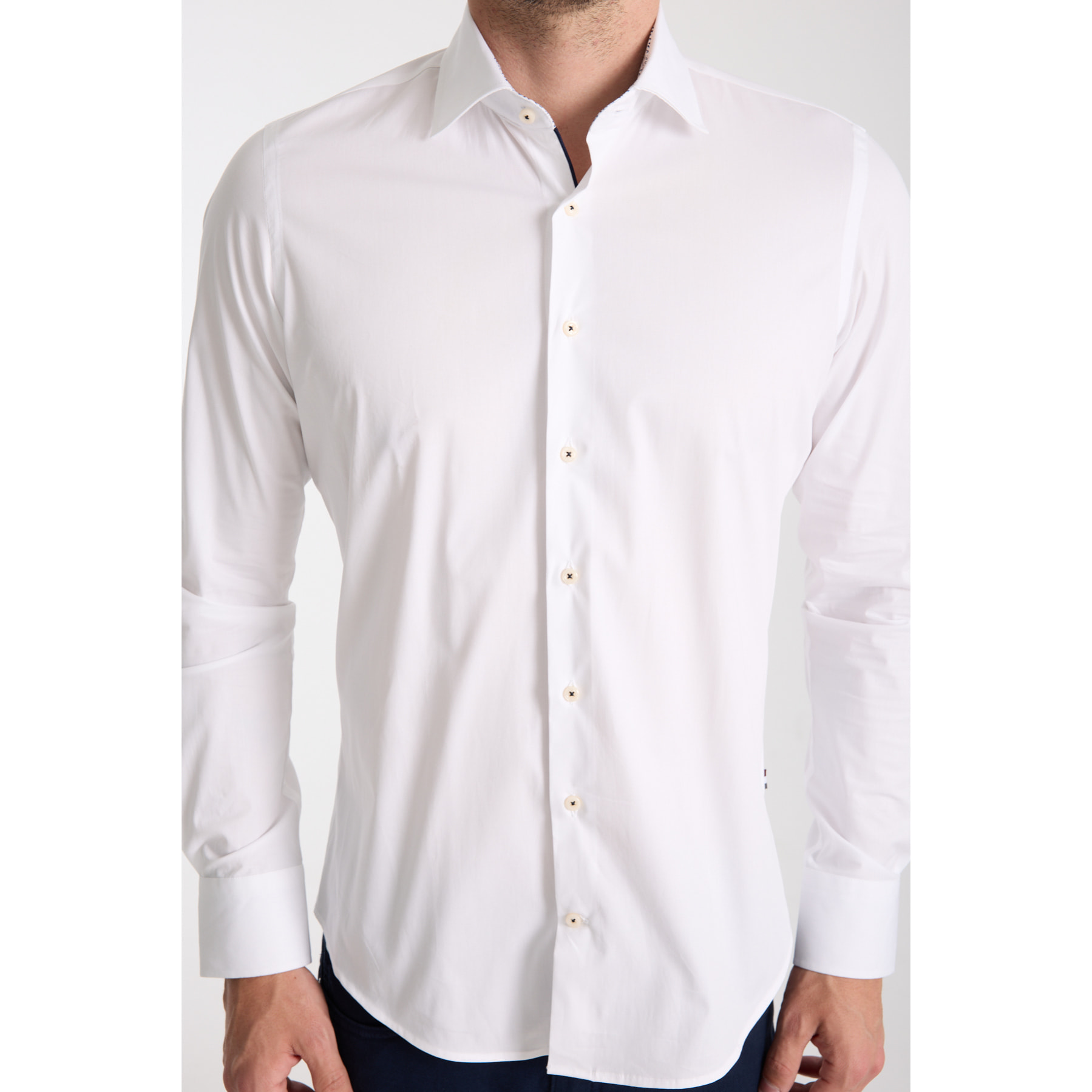 Camicia Uomo 1 Bottone Francese Slim Popeline Stretch Unito Bianco