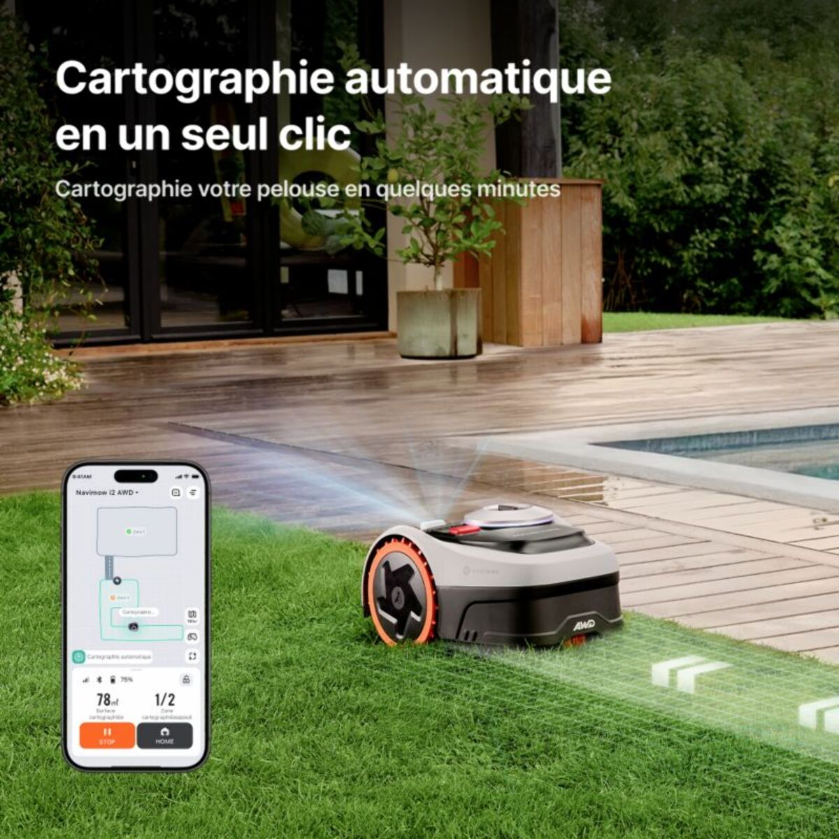 Robot tondeuse NAVIMOW i208 AWD - sans fil périphérique ni antenne, 3 roues motrices, pentes 45%, cartographie auto, 800m²