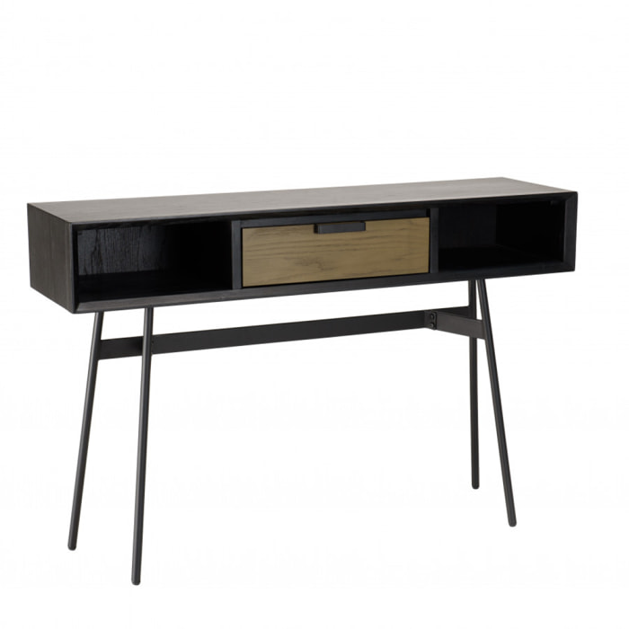 ALMA - Console noire 130x35cm 2 niches 1 tiroir marron foncé pieds métal noir