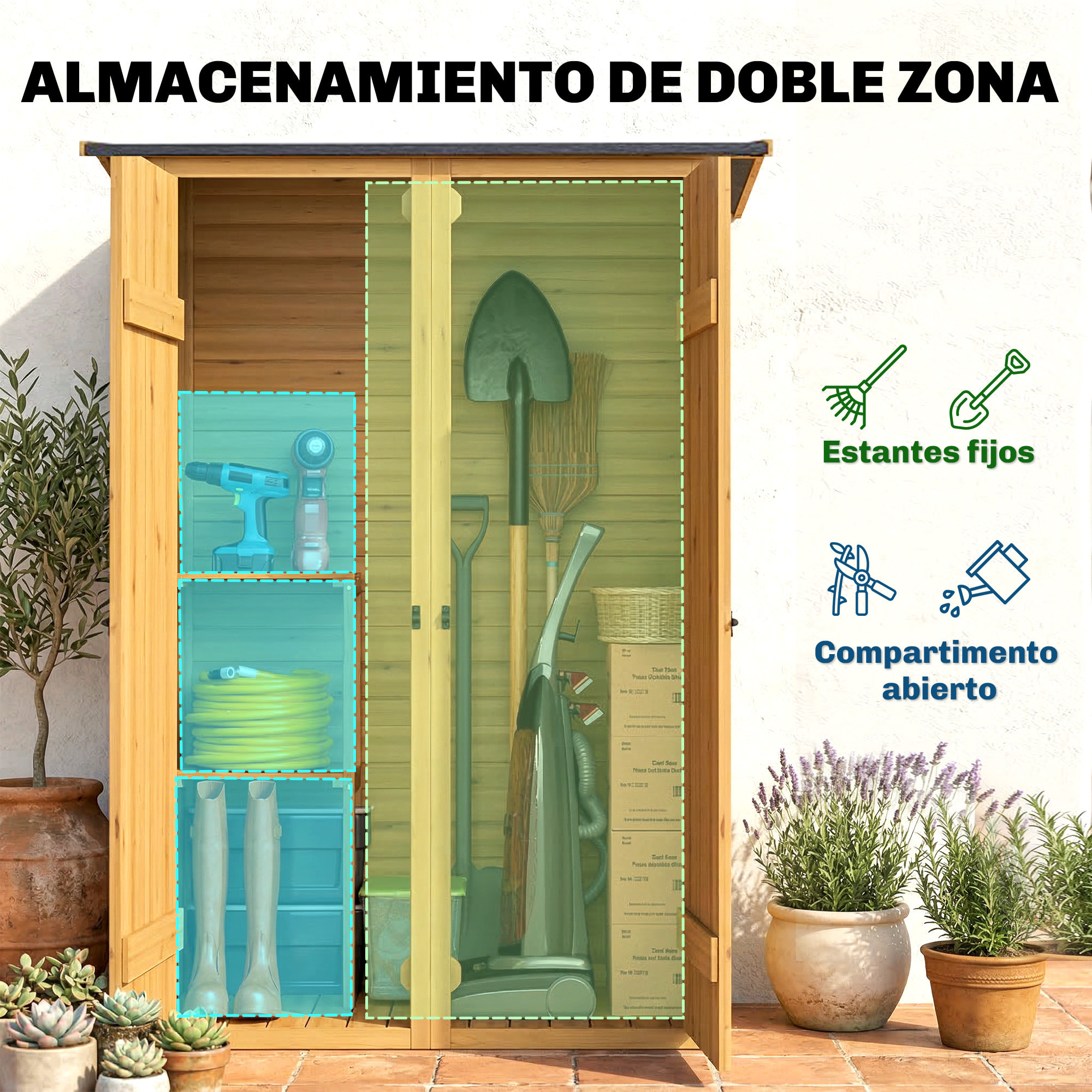 Caseta de Jardín de Madera 115x53x156 cm, Cobertizo Jardín Exterior, Armario Exterior para Herramientas con Puertas Dobles con Pestillo, 2 Estantes y Techo Inclinado, Resistente, Marrón