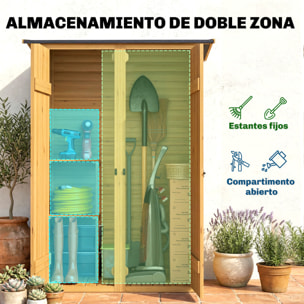 Caseta de Jardín de Madera 115x53x156 cm, Cobertizo Jardín Exterior, Armario Exterior para Herramientas con Puertas Dobles con Pestillo, 2 Estantes y Techo Inclinado, Resistente, Marrón