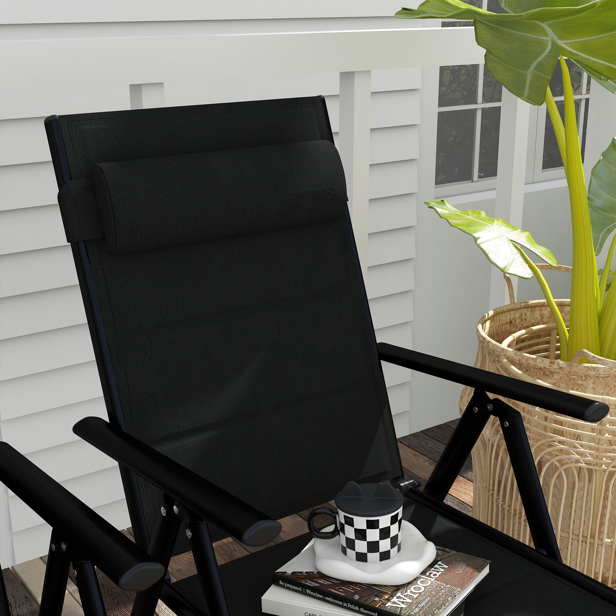 Conjunto de 2 Sillas de Camping Plegables Sillas de Jardín con Marco de Aluminio Reposacabezas y Reposabrazos Carga 130 kg para Terraza Playa 54x67x108 cm Negro