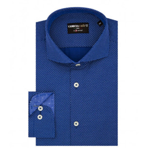 Camicia Uomo 1 Bottone Francese Slim Cotone Poliestere Stampato Blu Inchiostro\Bianco