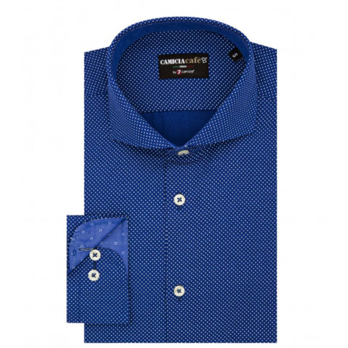 Camicia Uomo 1 Bottone Francese Slim Cotone Poliestere Stampato Blu Inchiostro\Bianco