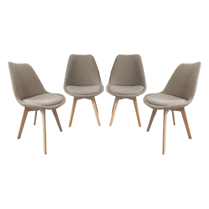 Lot de 4 chaises scandinaves revêtement bouclette texturée taupe. pieds bois de hêtre - Nils