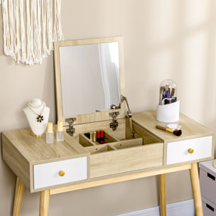 Coiffeuse avec tabouret style scandinave - 2 tiroirs, compartiment porte miroir -  panneaux aspect chêne clair blanc