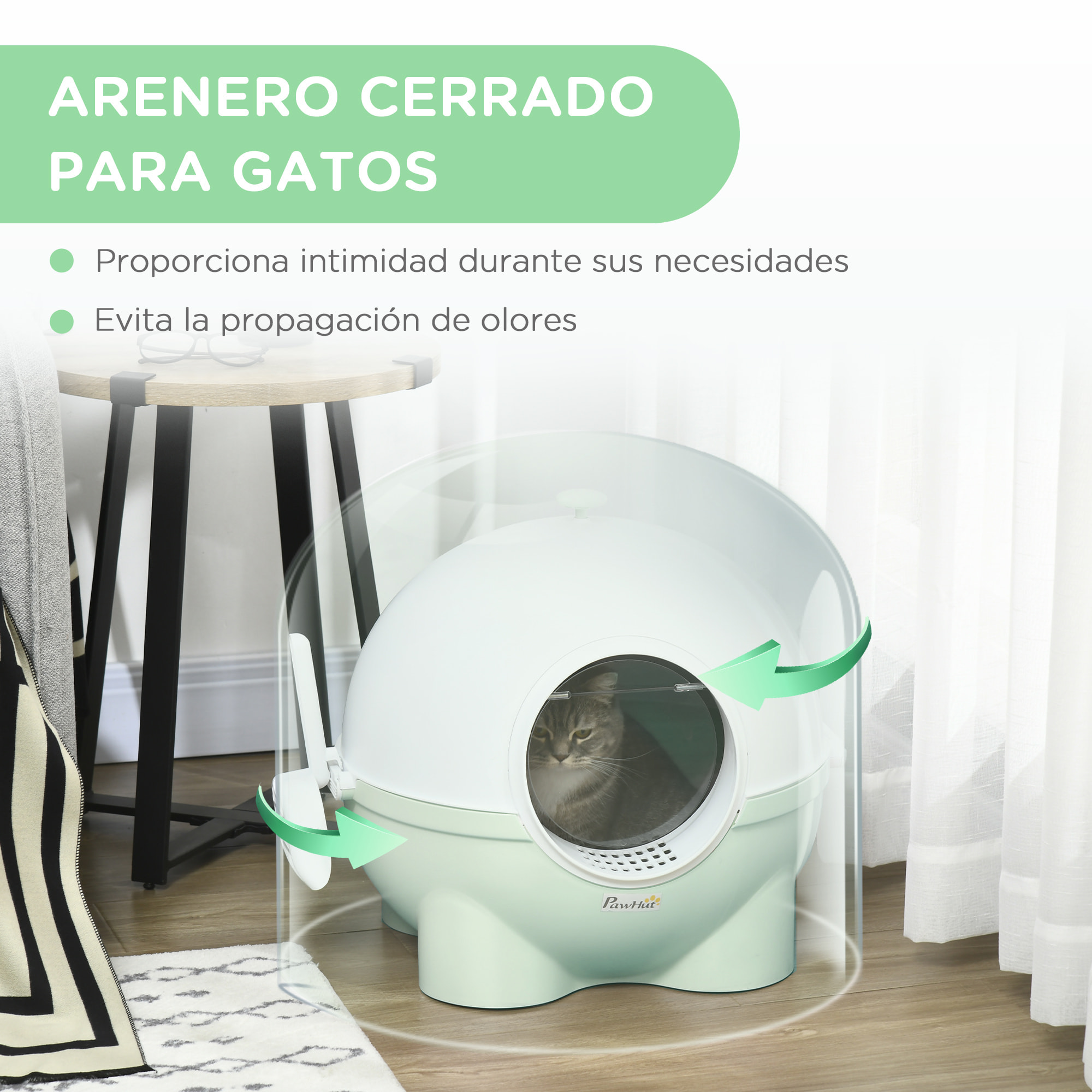 Arenero para Gatos con Cubierta Desmontable Caja de Arena para Gatos de Plástico con Pala Carga 4 kg 53x51x48 cm Verde