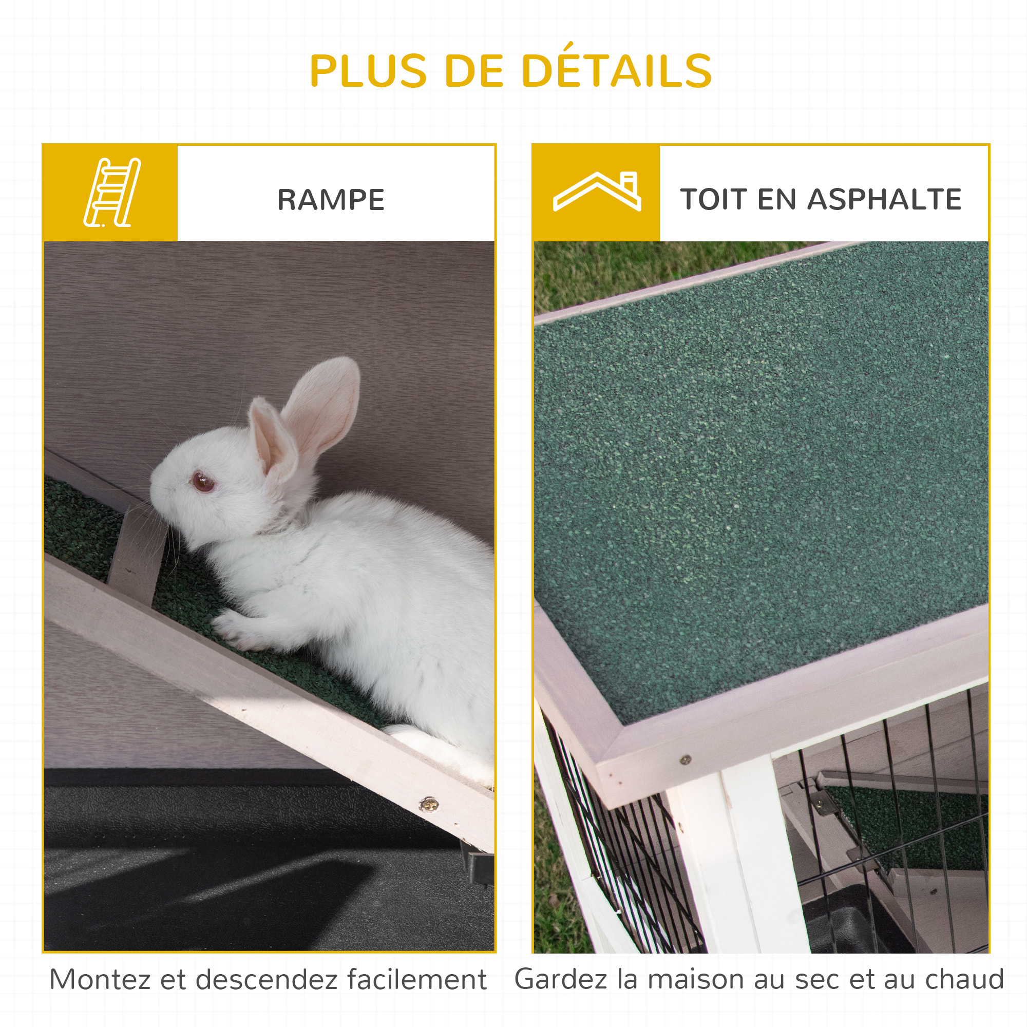 Clapier à lapin cage à lapin 2 étages trappe de séparation amovible 4 portes verrouillables 2 plateaux coulissants rampe toit ouvrant bois de sapin gris blanc
