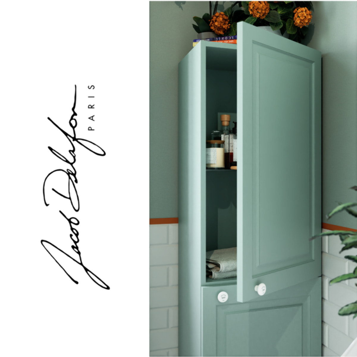 Pack meuble vasque 3 trous Cléo 1889 vert velours + colonne droite + mélangeur poignés or