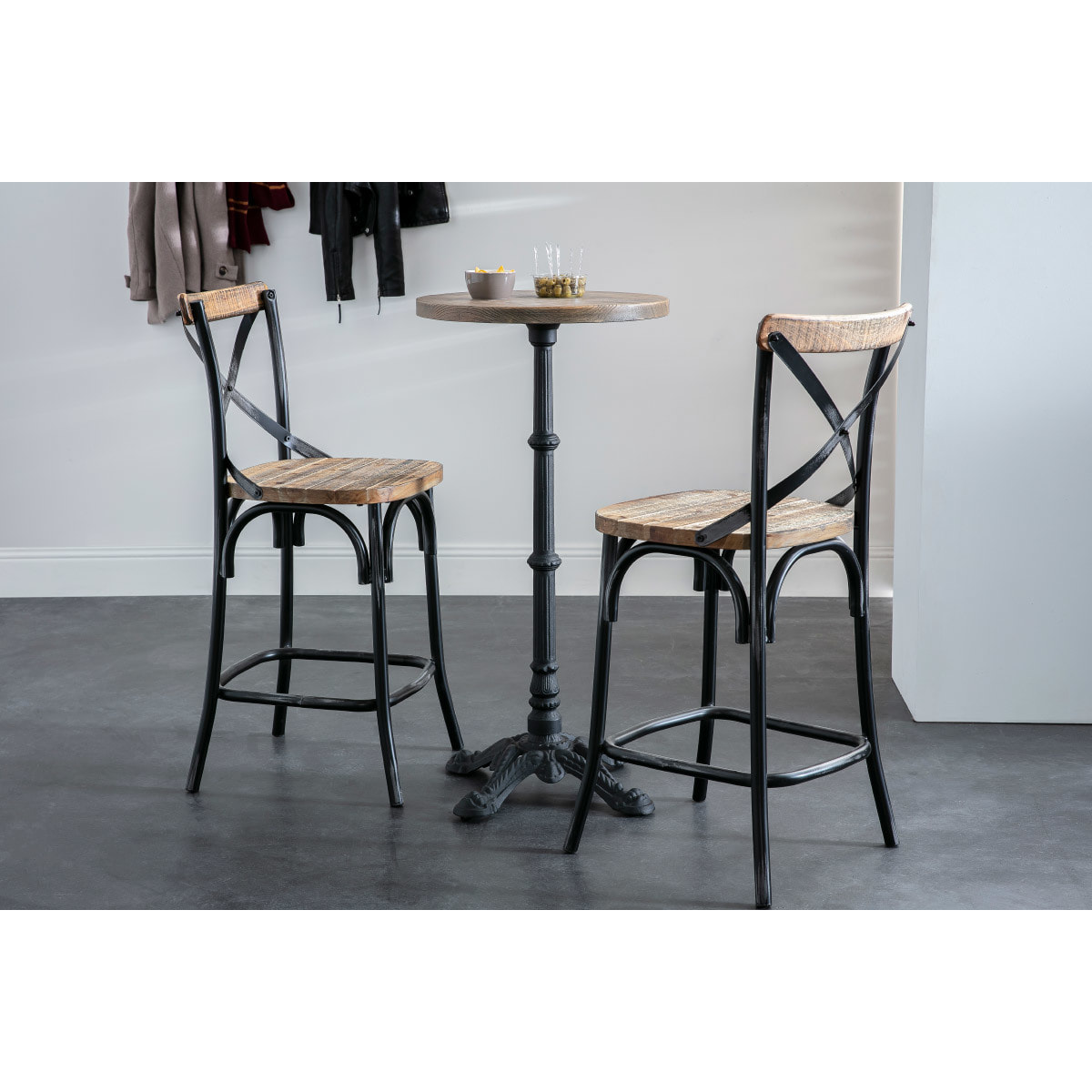 Tabouret de bar industriel en bois et métal vieilli noir 65 cm JAKE