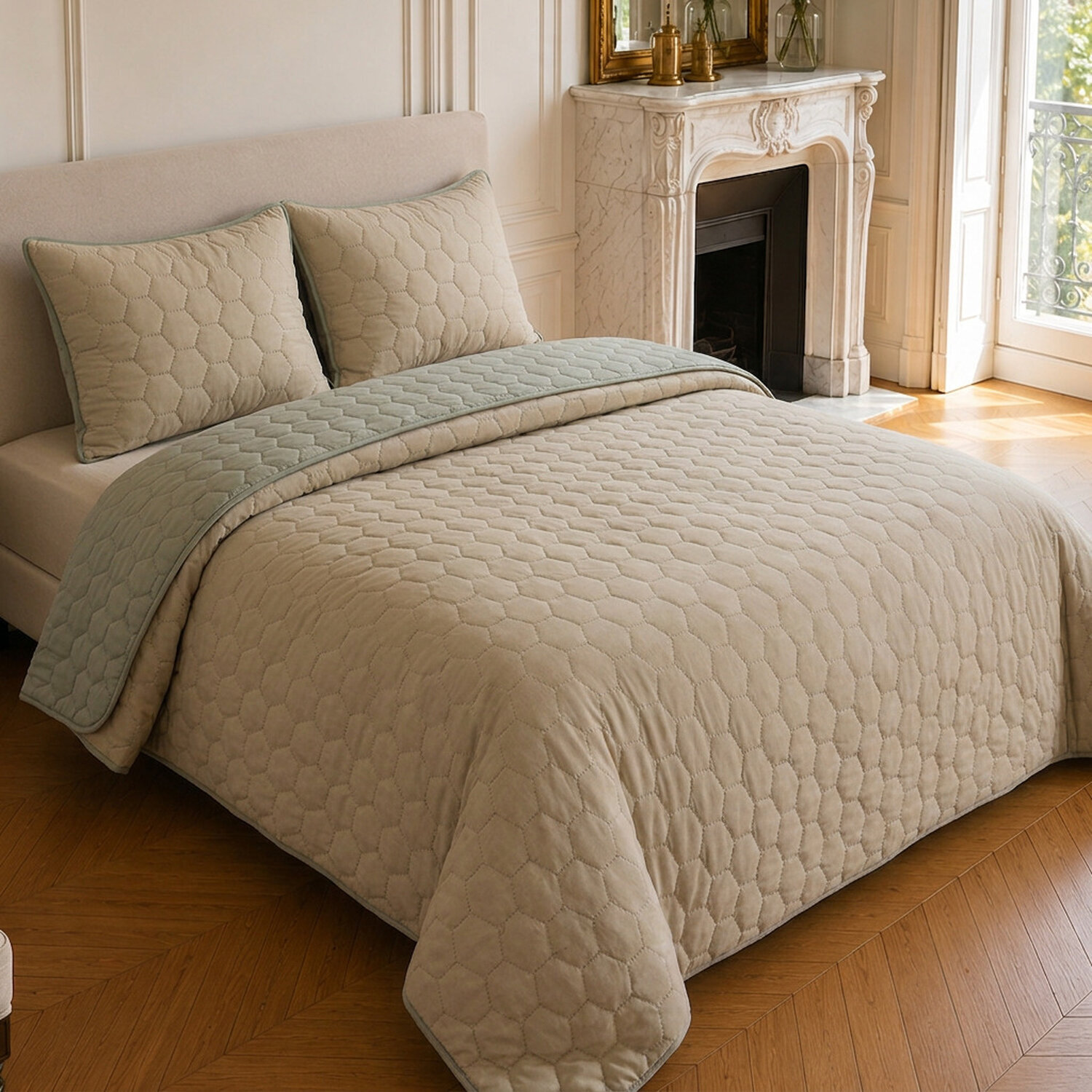 Couvre-lit matelassé réversible 100% polyester bicolore beige - NAZIM