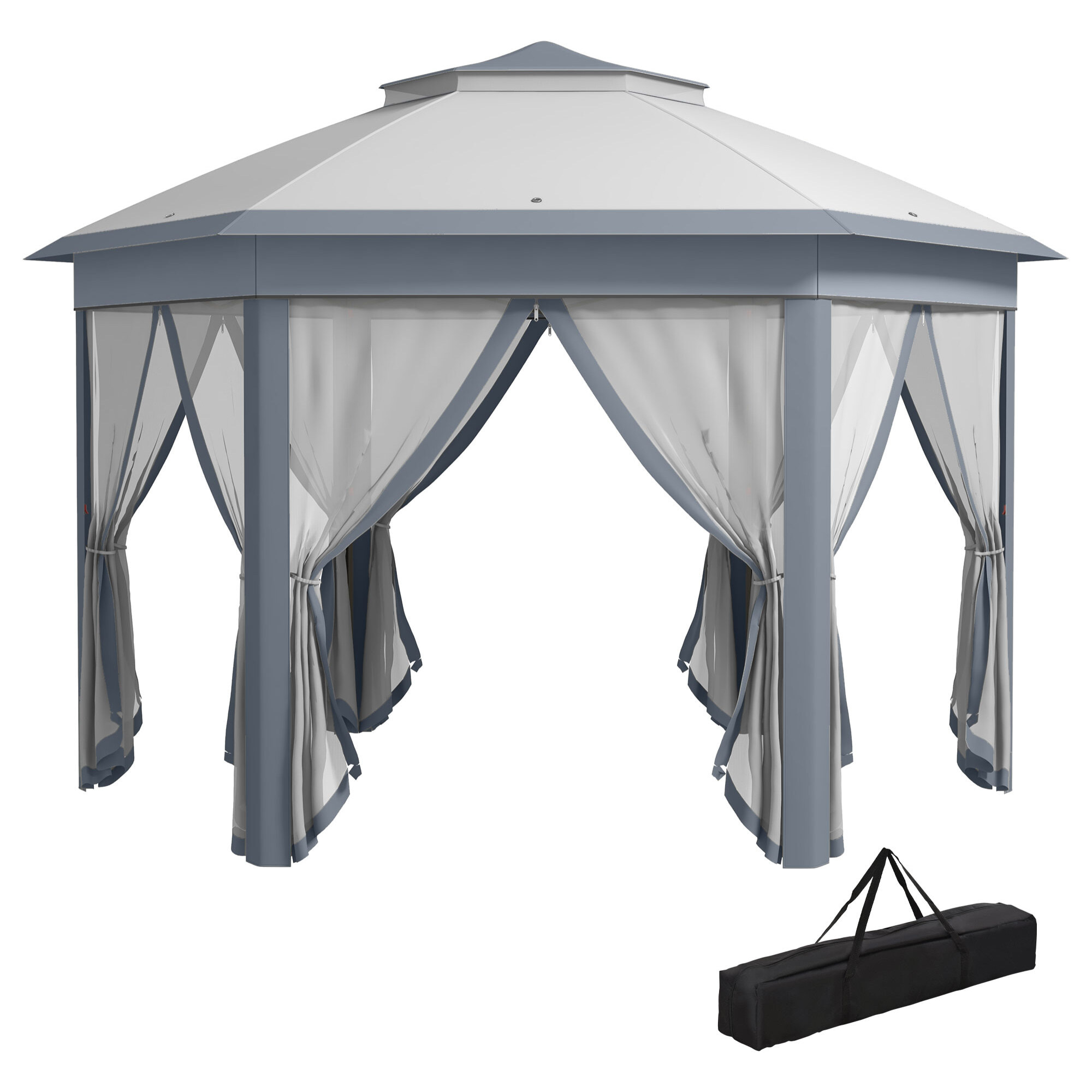 Carpa Plegable 4x3,4 m, Cenador de Jardín Hexagonal con Doble Techo, 6 Mosquiteras Extraíbles y Bolsa de Transporte, Impermeable, Anti-UV para Exterior, Fiestas, Gris