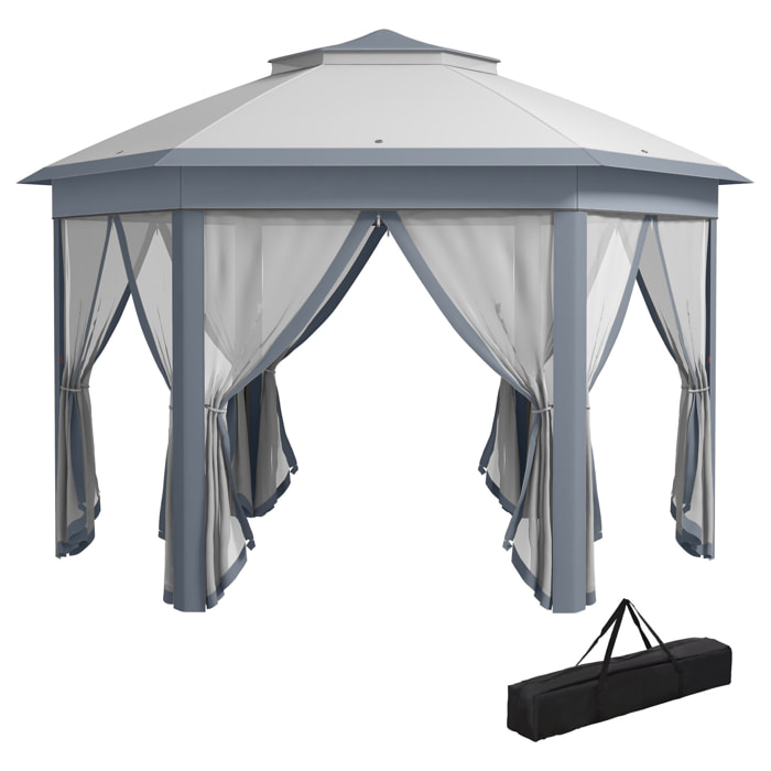 Carpa Plegable 4x3,4 m, Cenador de Jardín Hexagonal con Doble Techo, 6 Mosquiteras Extraíbles y Bolsa de Transporte, Impermeable, Anti-UV para Exterior, Fiestas, Gris